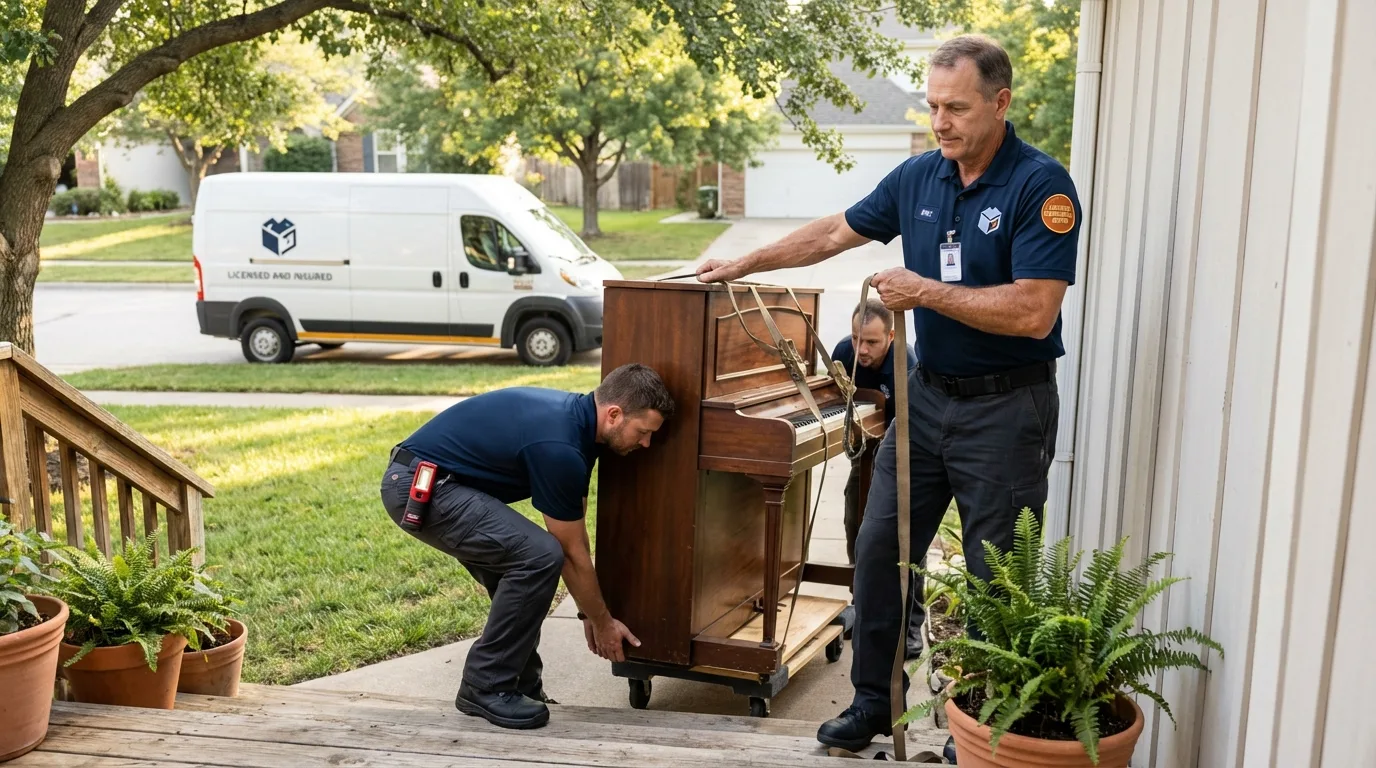 Licensed piano movers securing grand piano in Alfred, NY