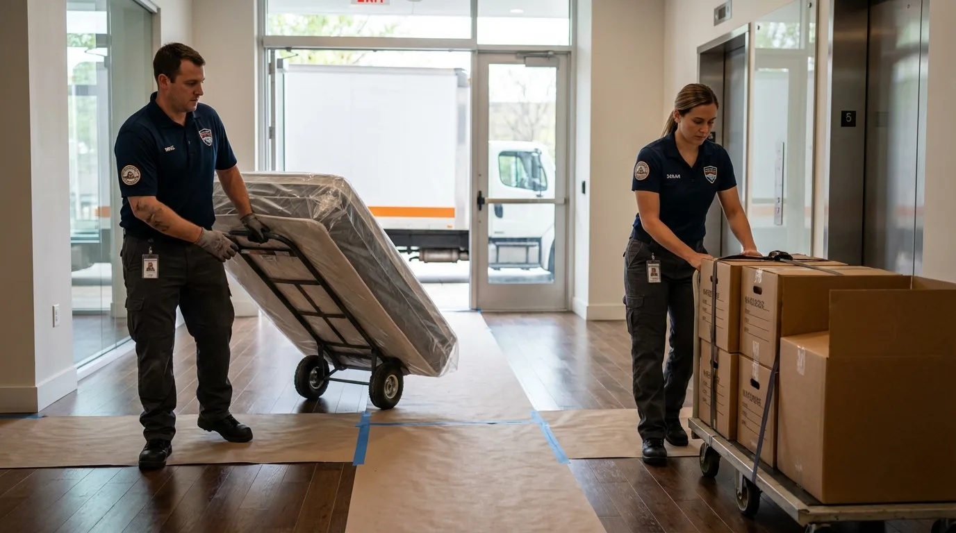 Professional apartment movers loading elevator in Alfred, NY
